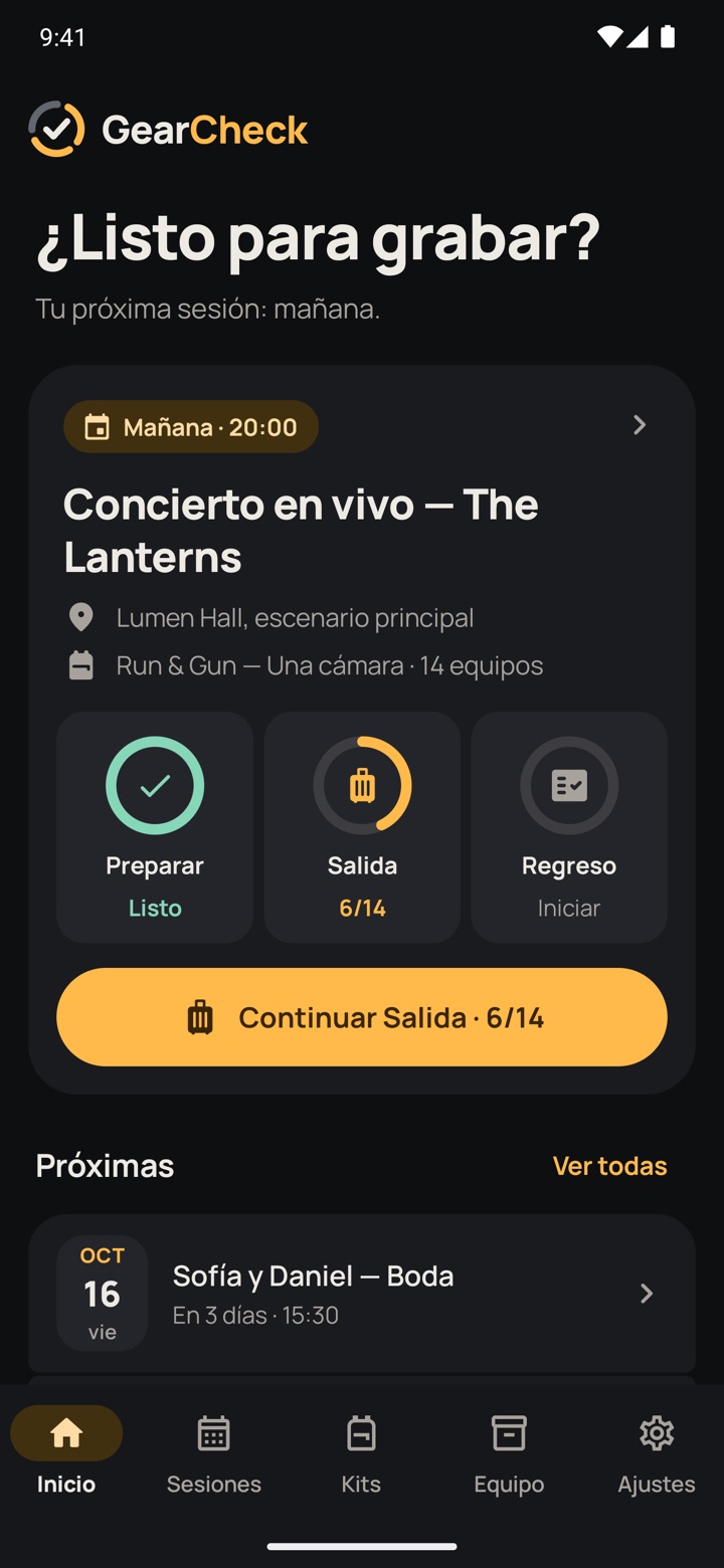 Pantalla de inicio de GearCheck: la próxima sesión con Preparar listo y Salida en 6 de 14