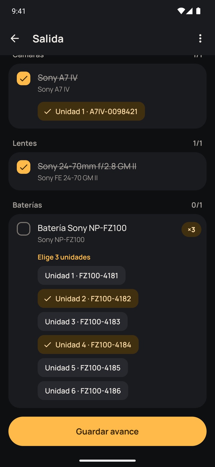 Lista de Salida eligiendo qué baterías van, por número de serie