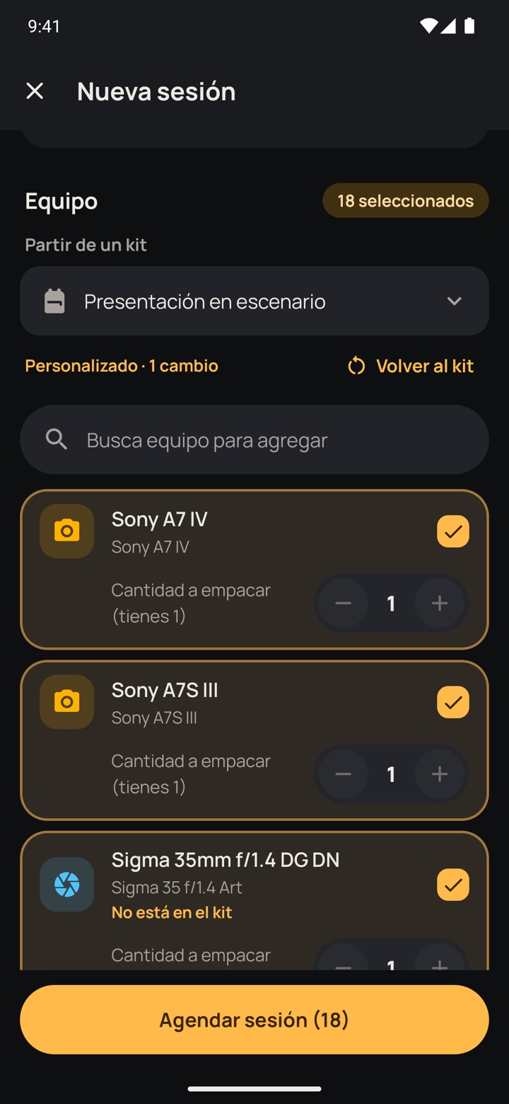Planeando el equipo de una sesión a partir de un kit, con un lente agregado