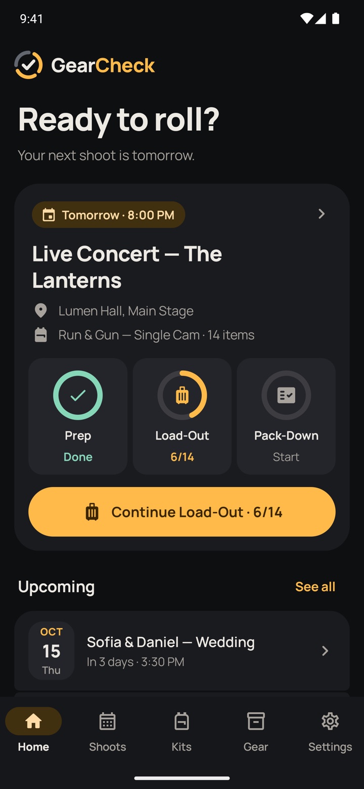 GearCheck's home screen: the next shoot with Prep done and Load-Out at 6 of 14