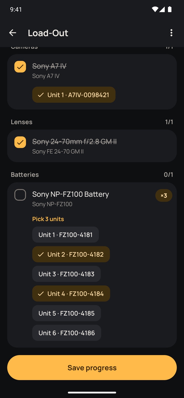 Load-Out checklist picking which batteries go, by serial number